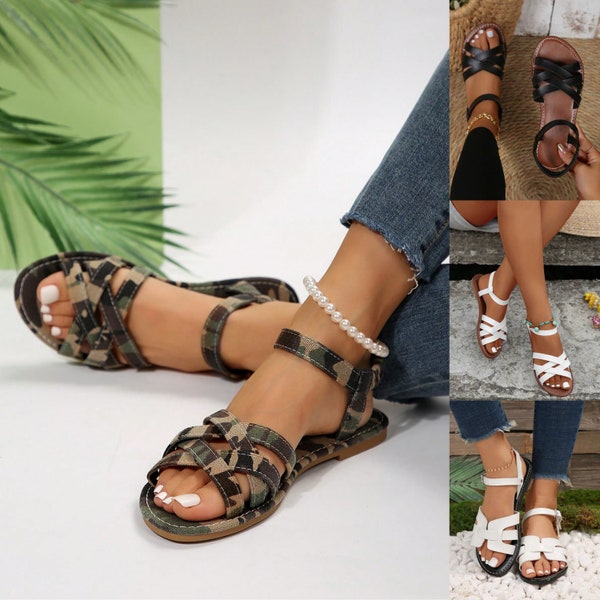 Summer Women's Camouflage Cross Strap Flat Sandals, Women's Multicolor Flat Shoes