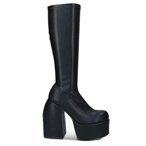 Black Chunky autumn winter boots elastic microfiber shoes woman ankle boots high heels platform long knee high boots Black knee high