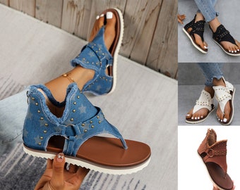 Summer Women Denim Shoes Chic Star Print Gladiator Sandals Ladies Punk Rivet Stud Flip Flops Gift for Her