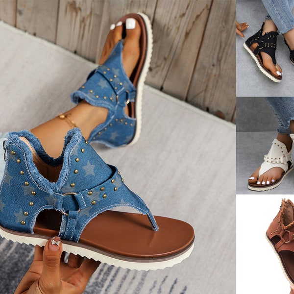 Summer Women Denim Shoes Chic Star Print Gladiator Sandals Ladies Punk Rivet Stud Flip Flops Gift for Her