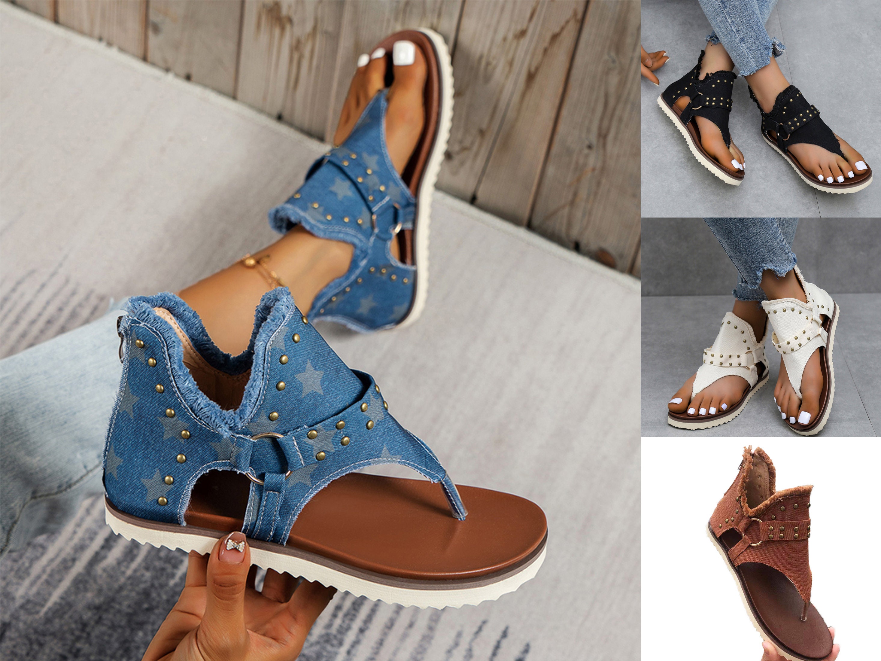 Fashionable Slide Sandals For Women, Denim Bow Decor Single Band Flat  Sandals