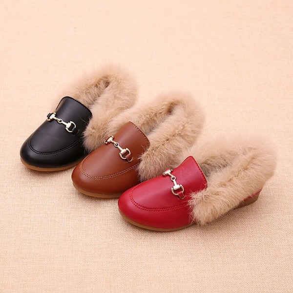 Handmade Winter Autumn Faux Hair Embroidery Bee Girls Leather Slip On Shoes Kids PU Metal Buckle Shoes Slippers Children Brand Loafers