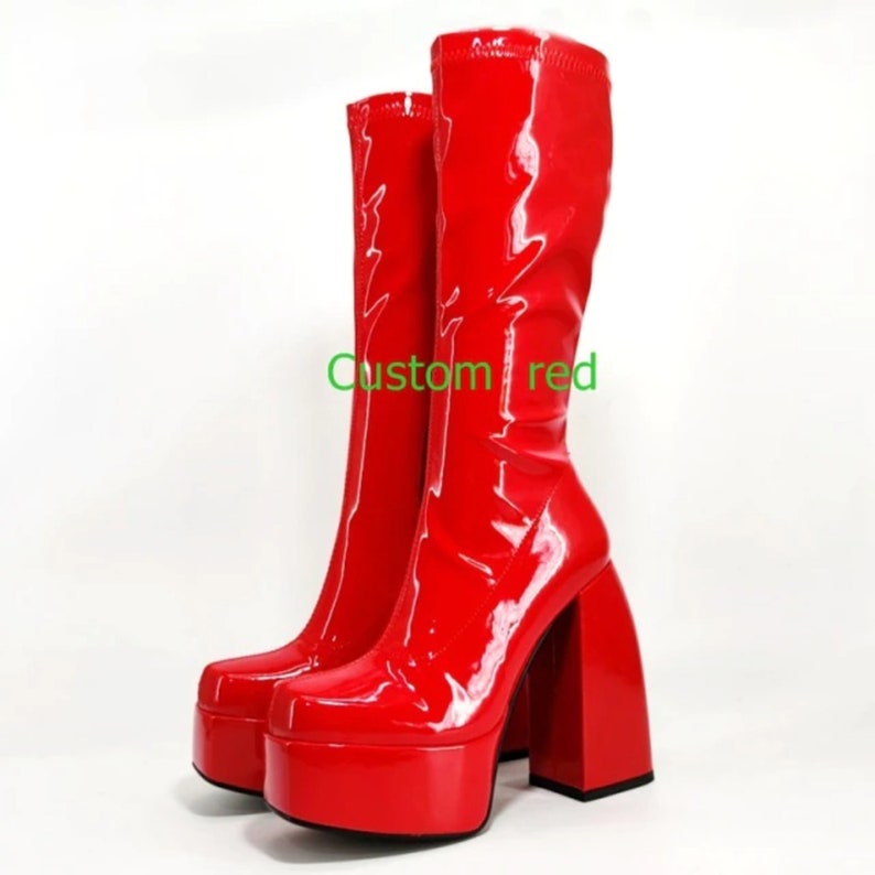 Black Chunky autumn winter boots elastic microfiber shoes woman ankle boots high heels platform long knee high boots Red