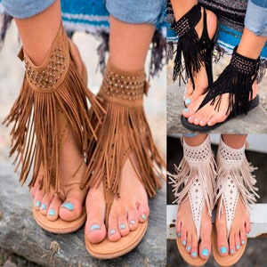 Summer Women Sandals Open Toe Fringe Rhinestone Flip Flops Flat Sandals Retro Casual Women's Shoes Beach Shoe Plus Size