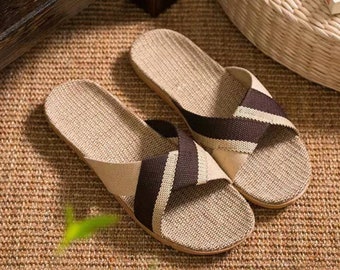 Cross Coffee Linen Slippers Slides, Japanese Summer House Linen Shoes, Comfy Natural Handmade Linen Slippers, Women & Men Relief Comfy Shoes