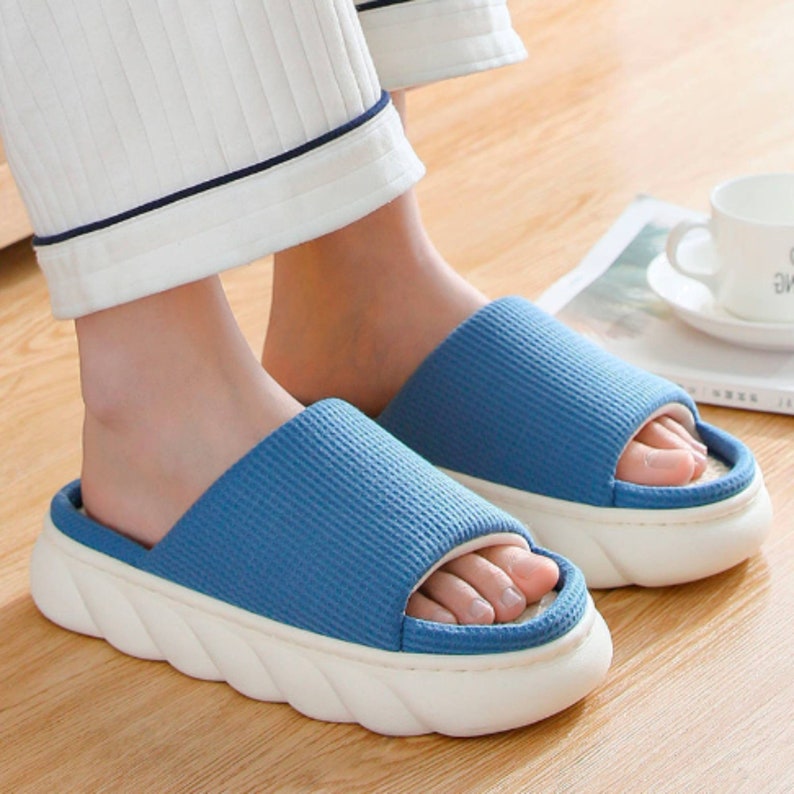 Blue Japanese Waffle Linen Slippers Slides Indoor Fall House Etsy