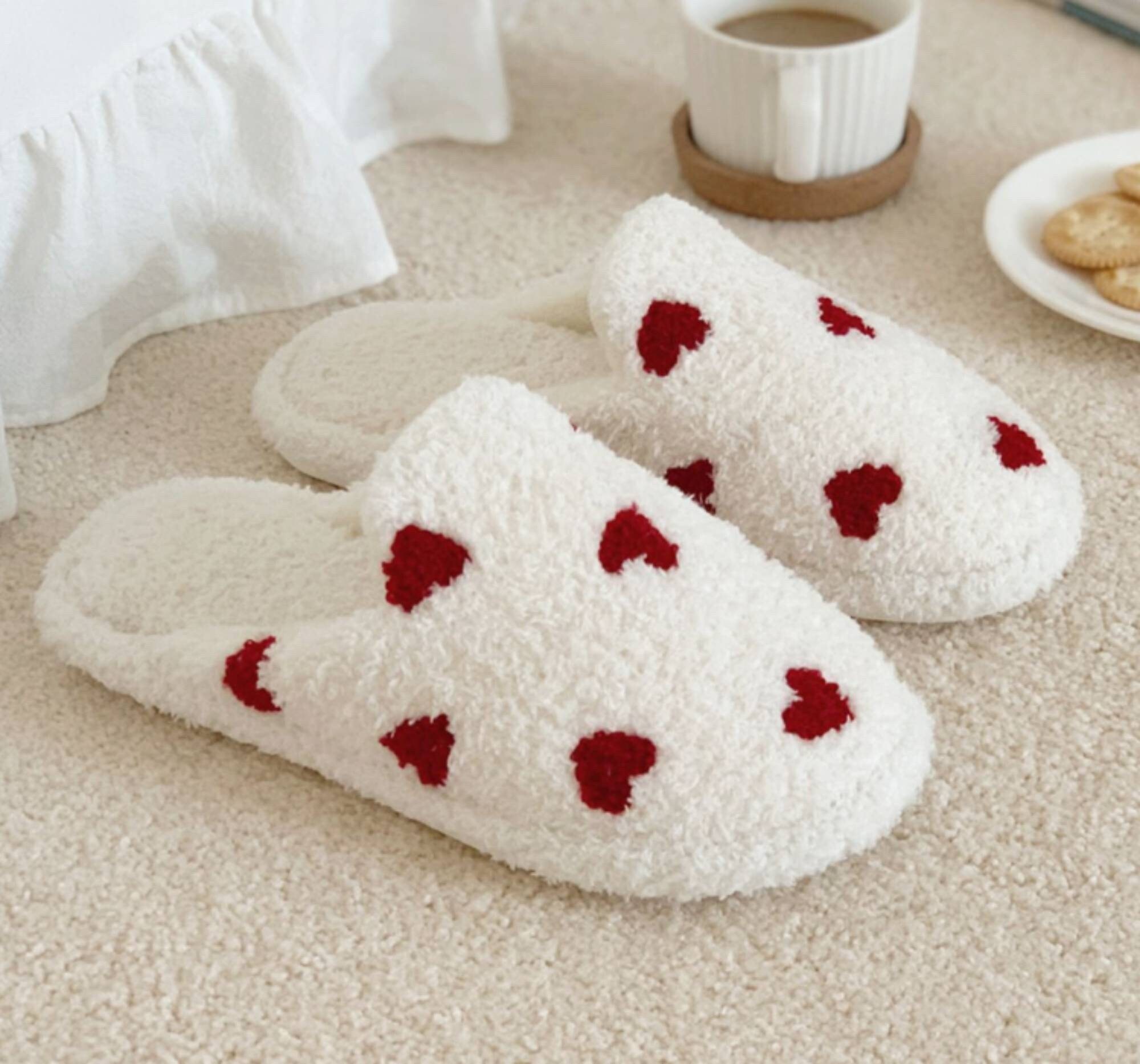Heart Fuzzy Linen Slippers Valentines Day Gift Women Cozy - Etsy