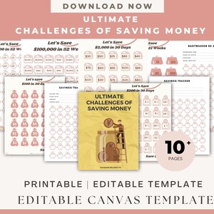 Puede incluir: Un conjunto de plantillas imprimibles de planificación financiera en tonos rosa suave y beige. Las plantillas incluyen rastreadores de ahorro, desafíos y una portada titulada "Ultimate Challenges of Saving Money". La imagen también incluye el texto "Printable | Editable Template".