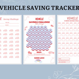 Puede incluir: Un rastreador de ahorro de vehículos de tres páginas, titulado "VEHICLE SAVING TRACKER". Las páginas incluyen un desafío de ahorro, un desafío de 50 días y un desafío de 8 semanas. Cada página tiene un diseño diferente.