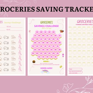 May include: A set of three pink and white grocery savings trackers. The trackers include a savings challenge, a weekly savings chart, and a challenge to save $500 in 50 days. The text "GROCERIES SAVING TRACKER" is at the top.