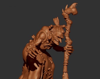 May include: A detailed 3D printed model of a goblin-like creature with a staff. The creature is depicted with a wrinkled face, a long nose, and a staff with a gnarled, wooden handle.
