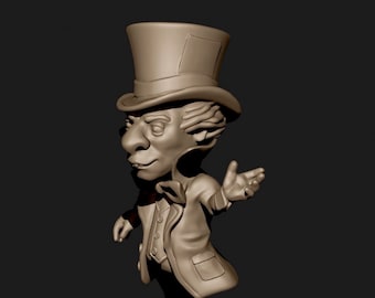 May include: A 3D-rendered figure of a cartoon character, wearing a top hat, coat, and vest. The figure has a large nose and is gesturing with one hand. The figure is wearing sneakers. The color is a muted brown.