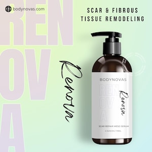May include: A brown bottle of Bodynovas Scar Repair Meso Serum with a black pump dispenser. The label reads "Renova" and "4 ounces/119ml". The background is a gradient of green and light purple with the words "Renova" and "Scar & Fibrous Tissue Remodeling".
