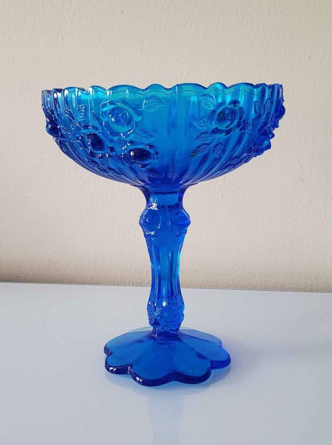 Fenton Glass Compote Dish Colonial Blue Rose Goblet Etsy