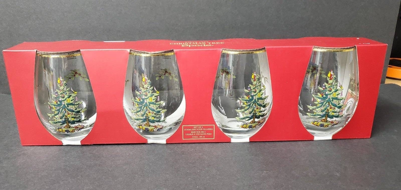 4x Spode Christmas Tree Stemless Wine Glasses