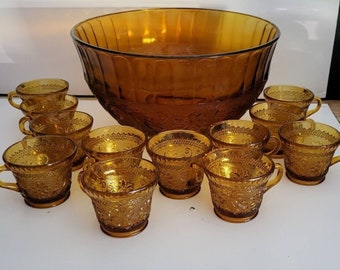 Vintage Indiana Glass Co. Marigold Iridescent Glass Punch Bowl Set