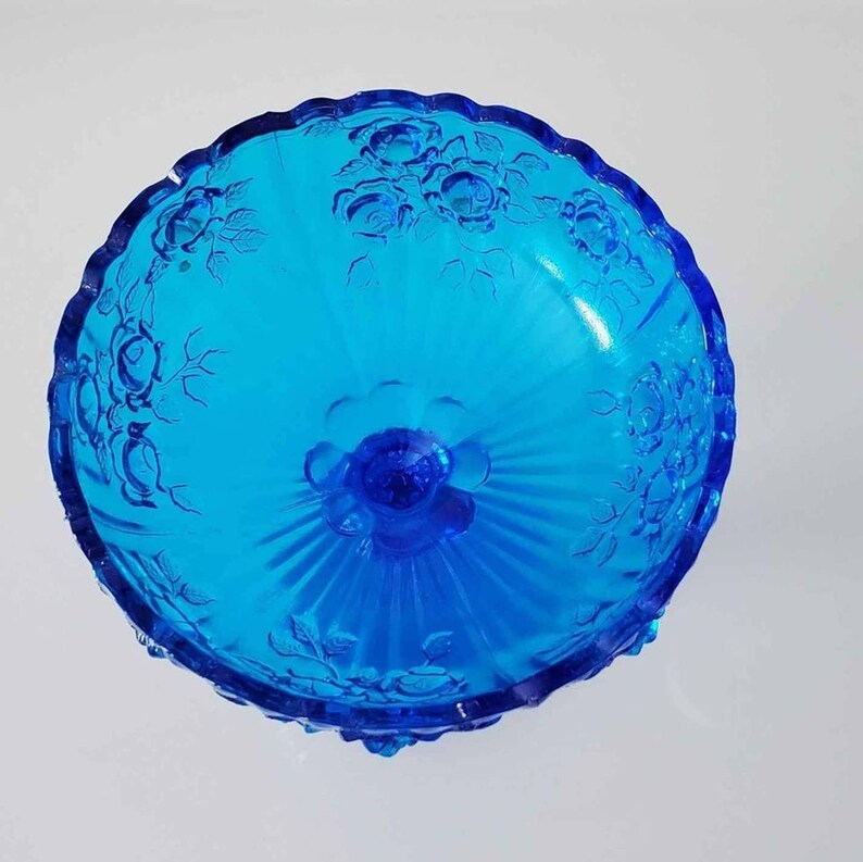 Fenton Glass Compote Dish Colonial Blue Rose Goblet Etsy