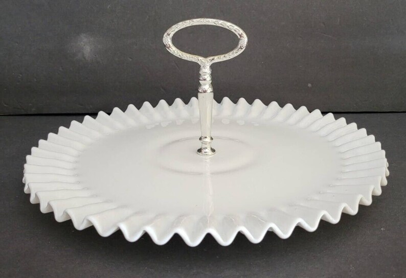 Fenton White Milk Glass Serving Platter Tray Crimped Hobnail Etsy