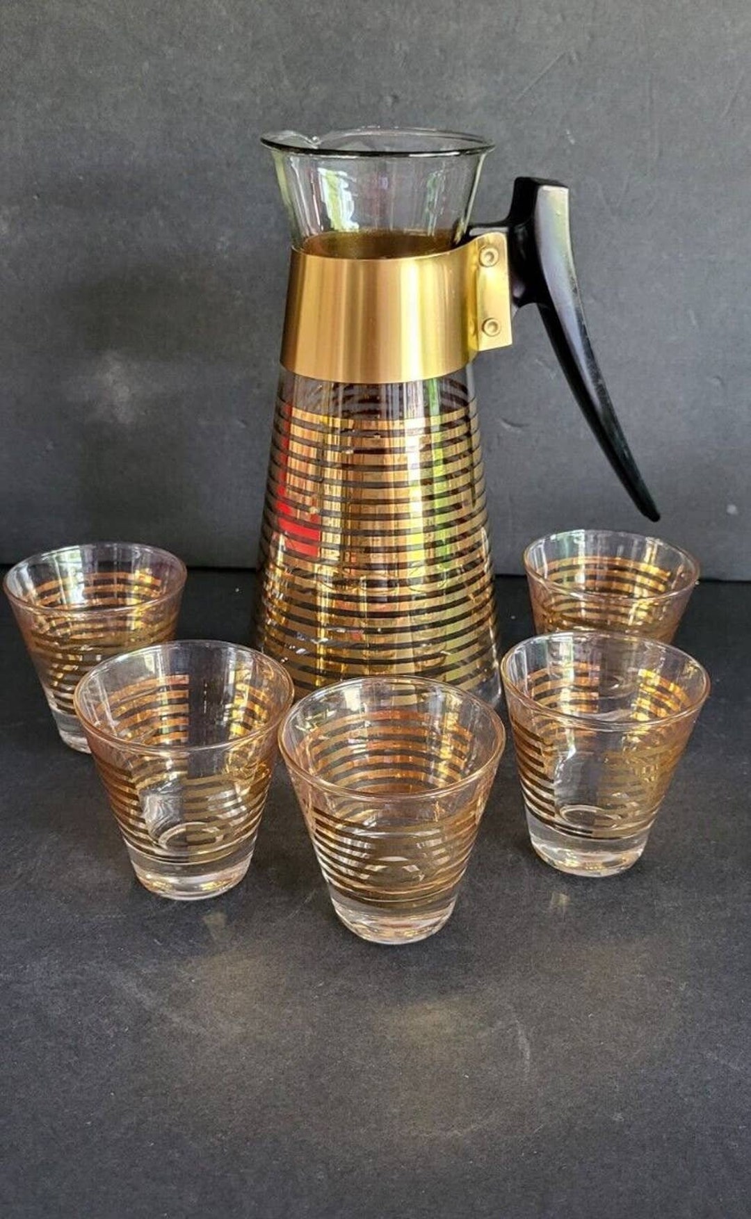 Serving Carafe Pitcher and Glass Vintage 5 Pc Barware Set Gold Etsy