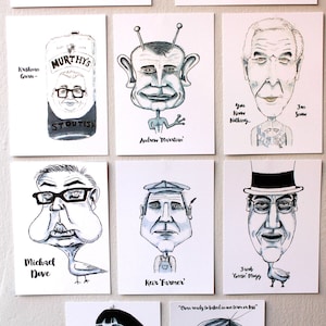 Set of 10 funny Caricature postcards, wall art, desk art, A6 350 gsm high quality, includes address line and stamp square.  Funny gift.