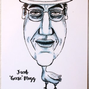 Jacob Rees-Mogg Karikatur Postkarte, Wandkunst, Schreibtisch Kunst, A6 350 g/qm hohe Qualität, enthält Adresslinie und Stempel Quadrat.  Lustiges Geschenk