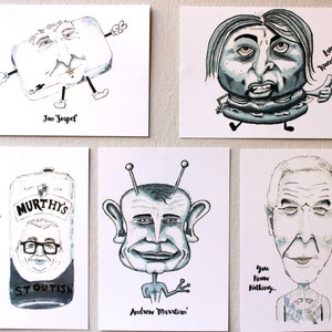 Set von 5 lustige Karikatur Postkarten, Wandkunst, Schreibtisch Kunst, Laura Kuenssberg, Jon Snow, Krishnan Guru-Murthy, Andrew Marr und Jon Sopel