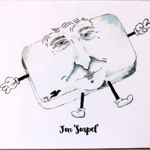 Jon Sopel Karikatur Postkarte, Schreibtisch Kunst, Wandkunst, A6 350 g/qm hohe Qualität, enthält Adresslinie und Stempel Quadrat.  Lustiges Geschenk.