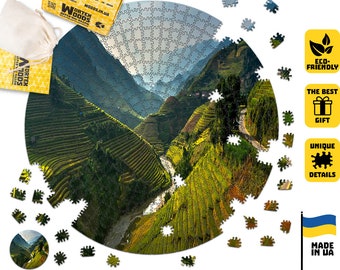 Circle Jigsaw Puzzles Rice Terraces of Mu Cang Chai Nature Themed Puzzle Set - Wooden Jigsaw Puzzles - Wood Puzzle