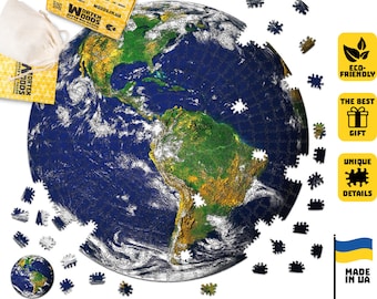 Ronde houten puzzel aarde, woondecoratie planeet