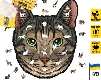 Houten kattenpuzzel, diervormige stukjes, milieuvriendelijke houten legpuzzel
