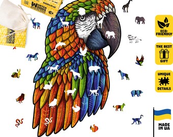 Houten puzzel papegaai, kleurrijke dierenpuzzel, unieke stukjes beeldje, milieuvriendelijk cadeau