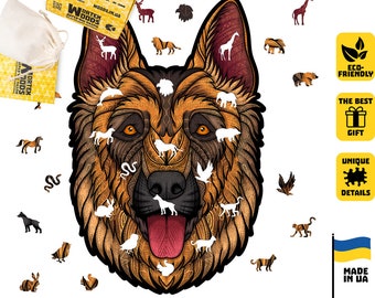 Houten puzzel Duitse herder, diervormige stukken, milieuvriendelijk hout, hondenliefhebber cadeau