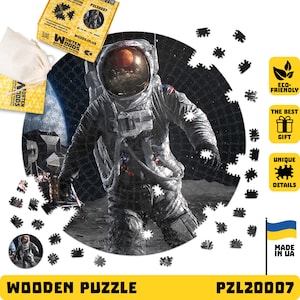 Handmade Wooden Circle Jigsaw Puzzle, Space Themed Puzzle for Adults or Kids, Astronaut on Moon Custom Puzzle, Space Theme Party Favor