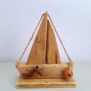 Driftwood Sailboat with Wooden Sails,Sailboat  on wooden base, Sailing Ship Decor