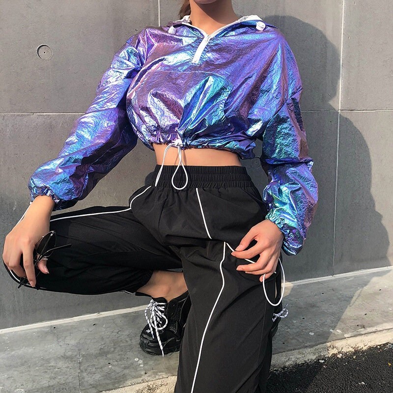 Cropped Metallic Windbreaker | Y2k, 2000s Inspired, 90s Grunge Aesthetic, Retro Cropped Jacket, Alternative Summer Fashion, Holographic