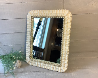 Vintage White Ruffle Syroco Framed Mirror/ French Country Table Vanity Mirror Floral Gold Accents/ Rustic Farmhouse/ Cottage Chic