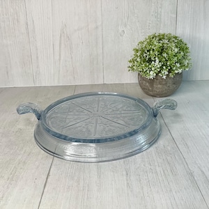 Vintage Fire King Sapphire Blue Philbe Glass Trivet/ Elegant 7" Glass Handled Serving Tray/ Mid Century/ Victorian Decor/ Wedding