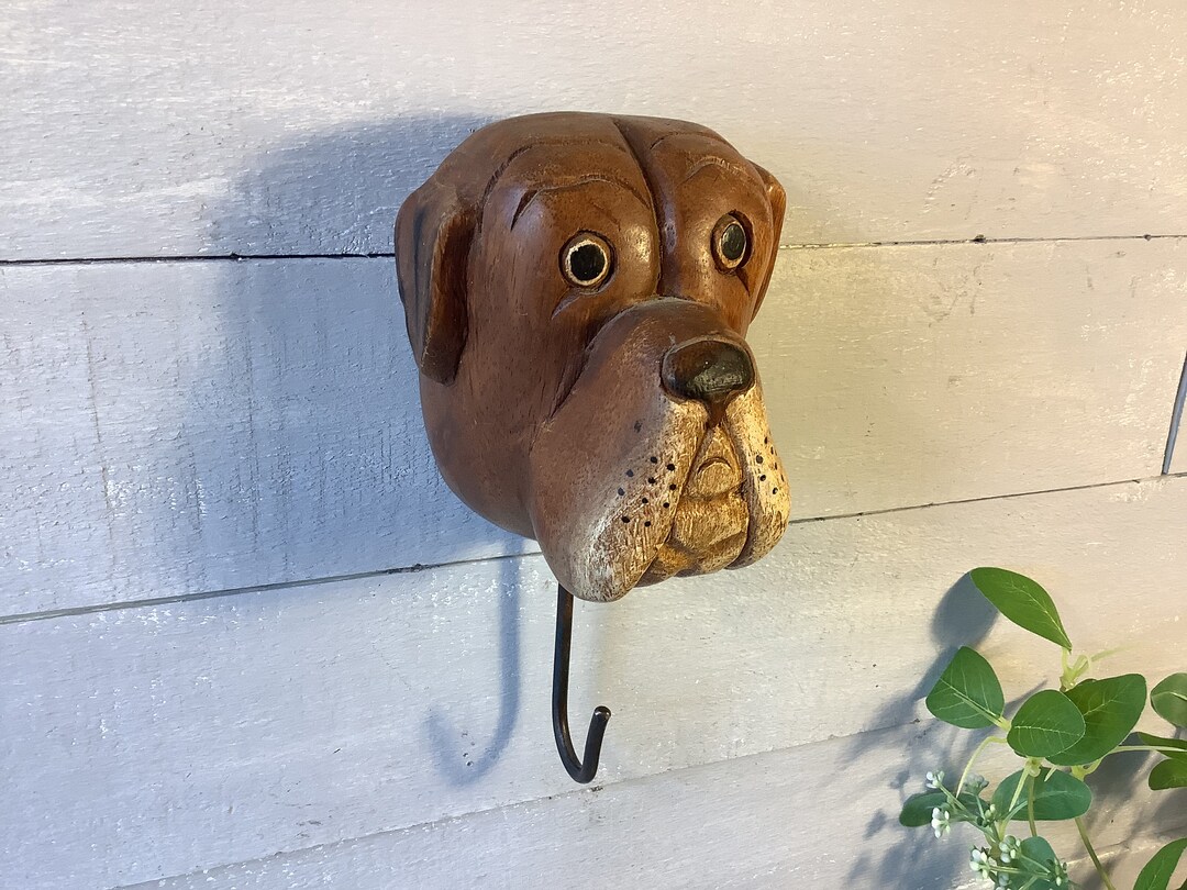 Solid Wood Dog Head Hook/ Carved Wood Bulldog Head With Metal Etsy