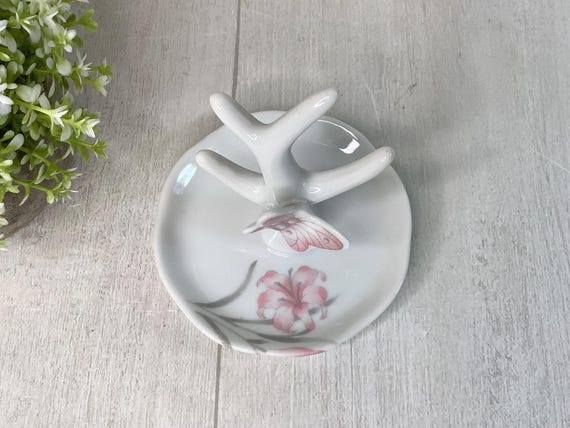 Vintage Butterfly Porcelain Ring Tree Trinket Dish/ Jasco White & Pink Jewelry Dish/ Butteryfly on Branch Design/ Cottage Vanity Decor View 5