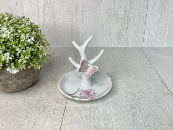 Vintage Butterfly Porcelain Ring Tree Trinket Dish/ Jasco White & Pink Jewelry Dish/ Butteryfly on Branch Design/ Cottage Vanity Decor