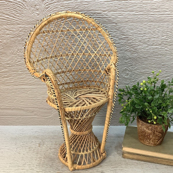 Vintage Wicker Fan Chair Plant Stand/ Wicker Peacock Chair/ Woven Rattan Stand/ 16" Wicker Doll Chair/ Boho Decor