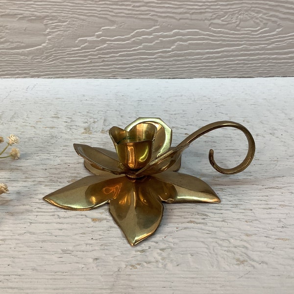Vintage Brass Lotus Flower Candlestick Holder/ Gold Brass Metal Floral Chamberstick Candle Holder/ Mid Century/ Retro/ Boho