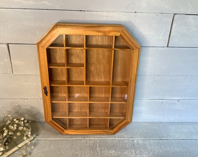 Vintage Wood Shadowbox Display Shelf/ Hexagon Display Case Glass Door
