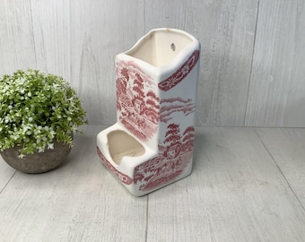 Vintage Ceramic Wall-Mounted Match Holder/ Ironstone Toile Pink/Red Transferware English Countryside Design/ Decorative Victorian Wall Decor