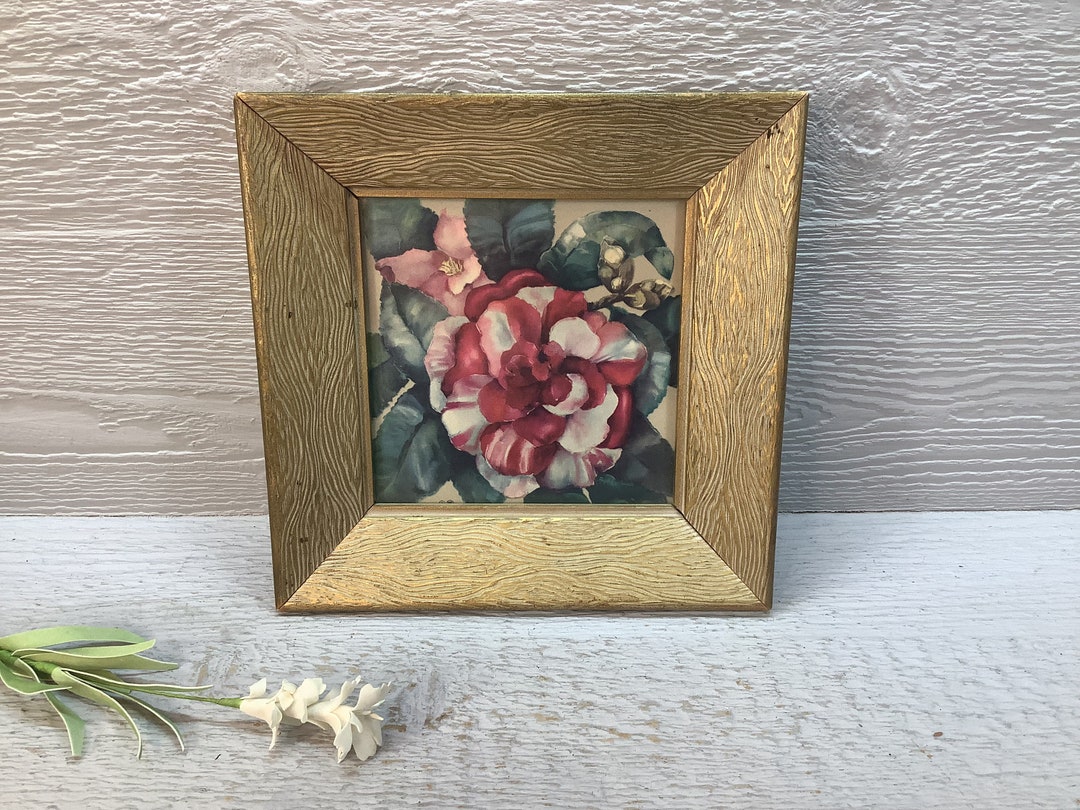 Vintage Framed Floral Print/ Square Framed Floral Still Life Wall Art