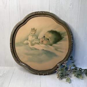 Vintage Framed Print &quot;Awakening&quot; by Bessie Pease Gutmann/ Gold Wood Framed Picture of Baby/ Farmhouse/ Shabby/ Primitive/ Gallery Wall