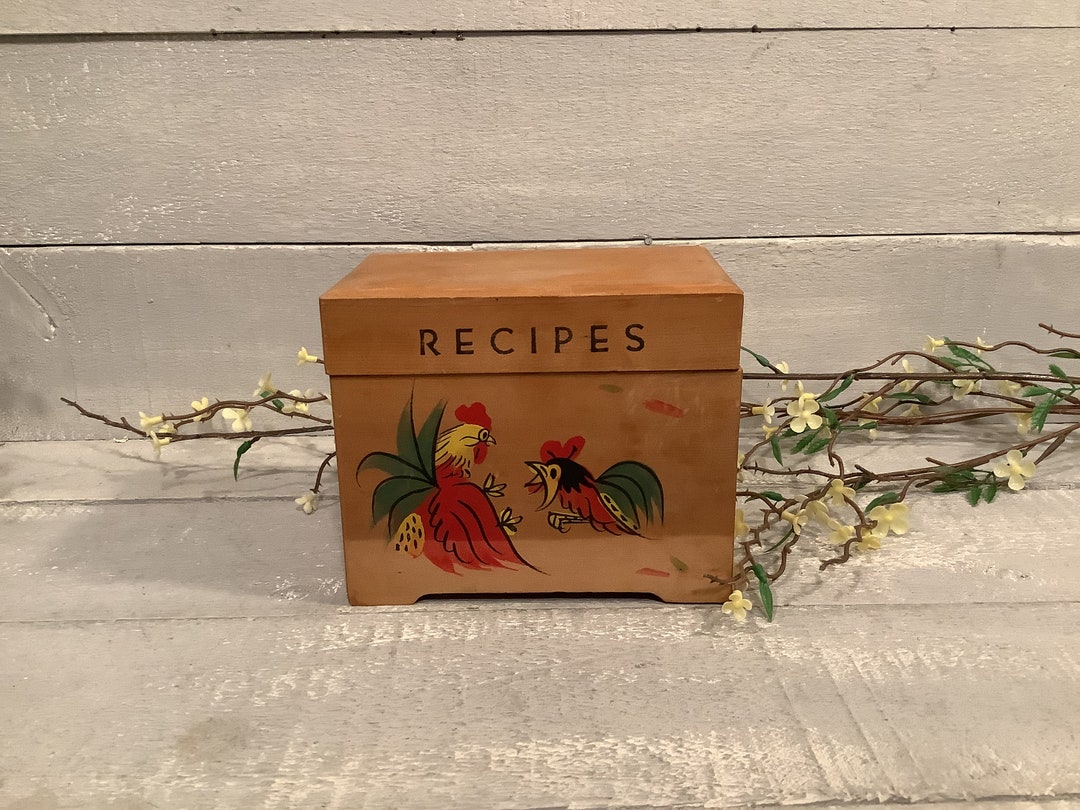 Vintage wood recipe card box with roosters rustic chickens etsy