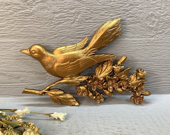 Vintage Gold Burwood Bird Wall Hanging/ Gold Bird & Dogwood Floral Wall Decor/ Dart Ind./ Boho/ Retro/ Mid-Century Decor/ Gallery Wall