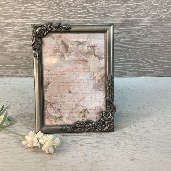 Vintage Pewter Ornate Floral Rose Picture Frame/ Silver Tone Baroque Floral Photo Frame, 5x7/ Victorian/ Hollywood/ Wedding