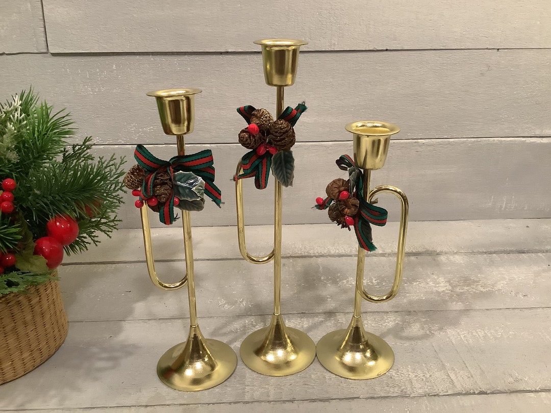 Vintage Set of 3 Brass Horn Candle Holders/ Gold Brass Metal Etsy